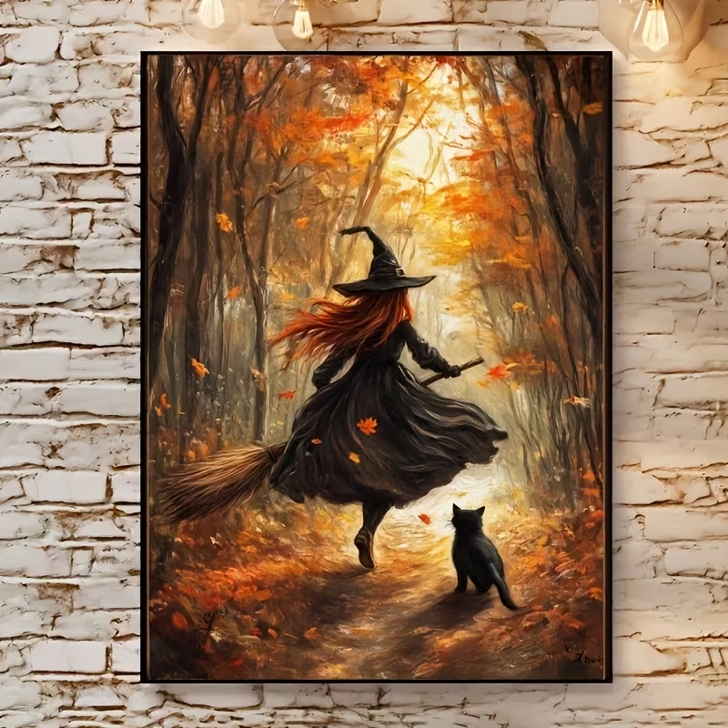 Photography Image - Retro Alloween Autumn Witch On Broomstick